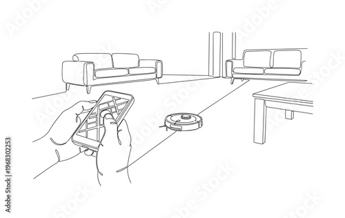 Robot Cleaner Control. Minimalistic one-line drawing hand using device to navigate robot vacuum around room, continuous single black line on white background,