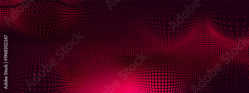 Abstract red tech background with seamless geometric pattern on black background. Vector realistic illustration of futuristic wallpaper design with convex digital grid, data breach warning display