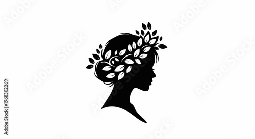 Elegant silhouette of a woman's profile adorned with a leafy laurel wreath