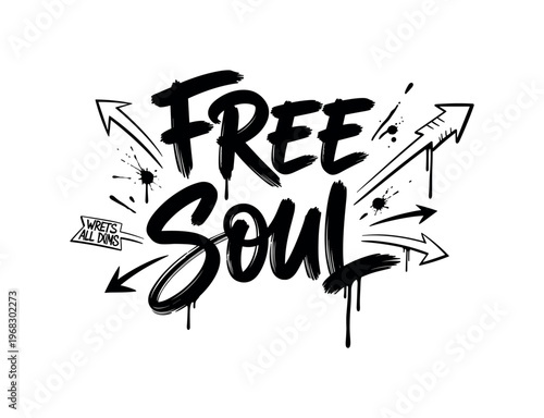 Free Soul. lettering and all elements in black. Vector style. AWhite background. Pure white background. Perfect isolation and visual consistency. Funky