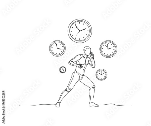 Time Pressure Scene. Minimalistic one-line drawing human figure with clocks hovering around, continuous single black line on white background, simple outline