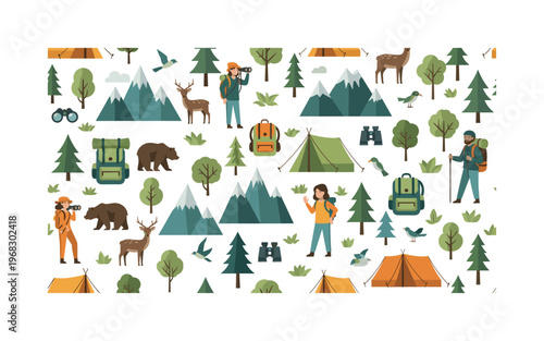 green travel motifs seamless pattern, repeating pattern, surface design, textile print, modern illustration of eco-tourism activities, forests, mountains,