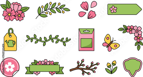 Spring garden decorative element set with flowers, leaves, butterfly, branches, tags and botanical accents in soft colors for invitations, greeting cards, packaging, stickers and seasonal branding