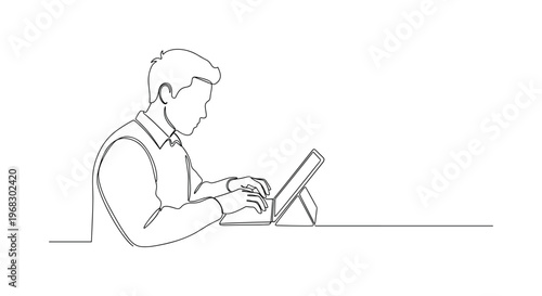 Digital Opinion Piece. Minimalistic one-line drawing individual creating article on tablet or computer, continuous single black line on white background,
