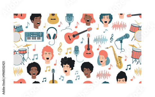 performing arts patterns seamless pattern, repeating pattern, surface design, textile print, modern illustration of singers, microphones, headphones,