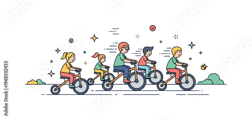 Tricycle ride park competition concept where multiple children ride in a playful race while tiny sparkle and star icons highlight speed, excitement, and social