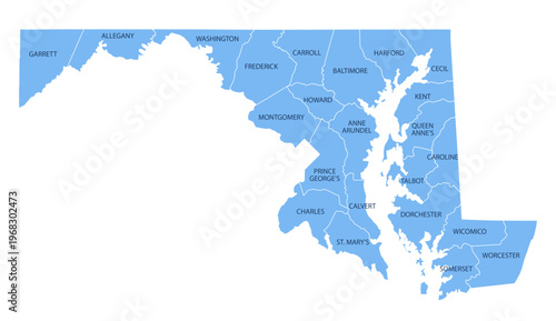 Fotografie Maryland County Map, Detailed Vector Illustration of USA Administrative Boundari