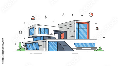 Modern architecture futuristic pavilion concept where geometric shapes, open spaces, and sleek materials form an iconic building while tiny sparkle and star