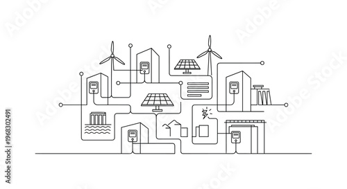 Smart Energy Grids. Minimalistic one-line drawing electrical grid with smart meters and renewable energy sources, continuous single black line on white