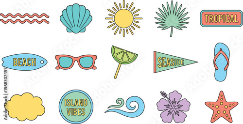 Summer beach design elements set with shell, sun, sunglasses, flip flops, starfish and tropical icons in bright pastel colors for vacation posters, travel branding, stickers, invitations and layouts