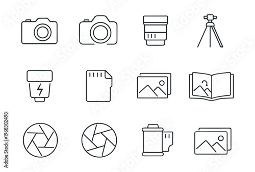 Collection of photography icons including cameras, lenses, and accessories