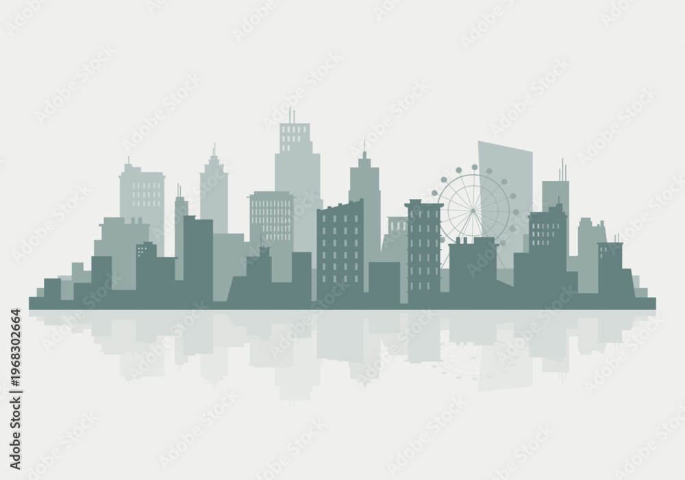Fototapeta premium City Skyline Silhouette with Ferris Wheel and Water Reflection, Vector Urban Landscape Illustration