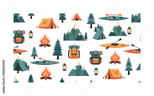 outdoor camping icons seamless pattern, repeating pattern, surface design, textile print, modern illustration of tents, campfires, kayaks, pine