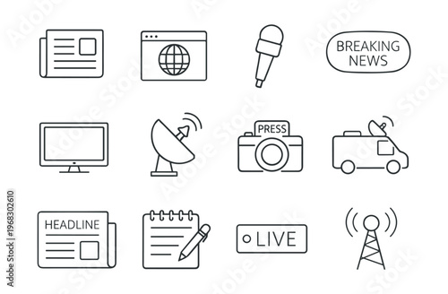 Collection of modern line art icons representing news and media communication channels