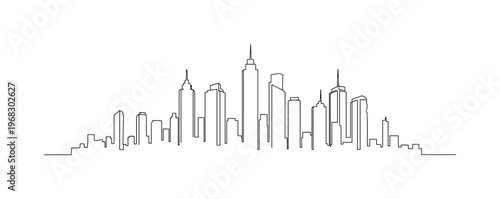 City Horizon. Minimalistic one-line drawing silhouette of tall buildings along horizon, continuous single black line on white background, simple outline style,