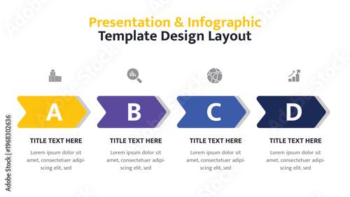 Four stage horizontal process arrows with icons for business presentations and infographics