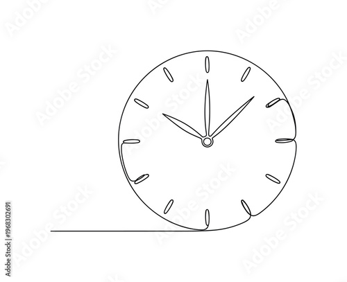 Time Illustration. Minimalistic one-line drawing clock face with hands pointing at specific time, continuous single black line on white background, simple