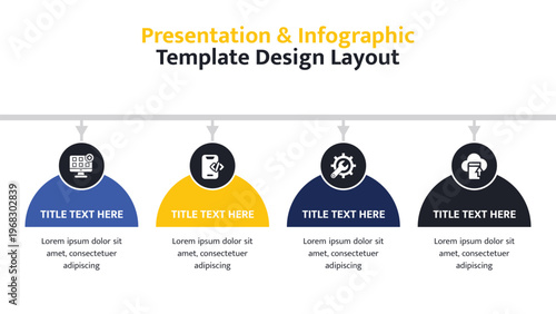 Four step infographic template illustrating a progressive process with colorful icons and text