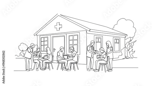 Disaster Relief Center. Minimalistic one-line drawing volunteers helping evacuees at center, continuous single black line on white background, simple outline