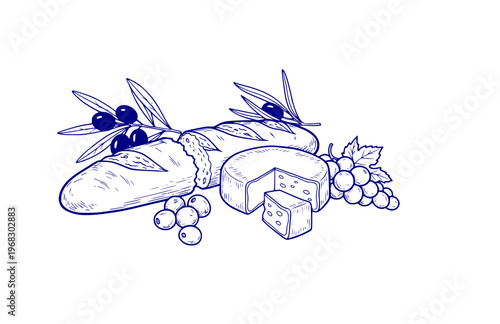 Local Flavor French Bread and Cheese Silhouette, Hand Rendered Gastronomy Vector Sticker, Organic Imperfect Heritage Food Illustration