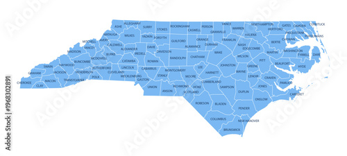 Bild auf Leinwand North Carolina County Map, Detailed Vector Illustration of USA Administrative Bo