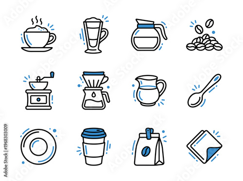 Collection of stylized coffee-related icons including drinks, brewing tools, and accessories