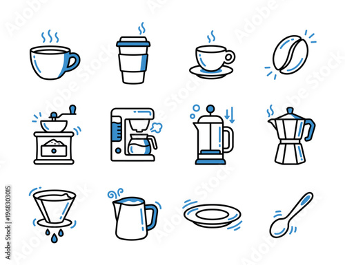 Collection of stylized icons representing various coffee making equipment and beverages