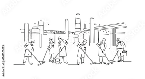 Sanitation Crew. Minimalistic one-line drawing industrial cleaners with cleaning tools keeping factory clean, continuous single black line on white background,