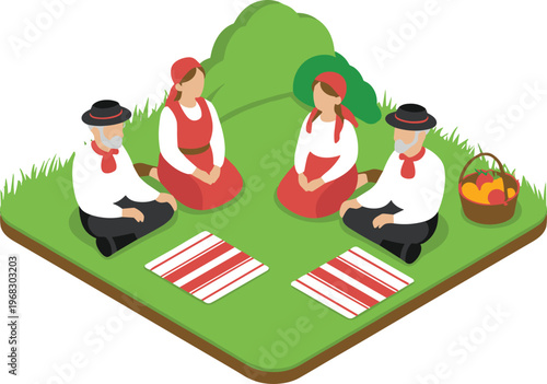 Isometric traditional family picnic people in folk costume outdoor gathering cultural lifestyle nature scene 3D vector illustration design