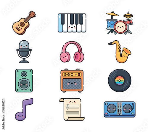 Collection of cute, kawaii musical instruments and audio equipment icons