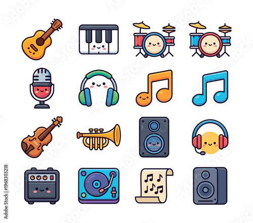 Collection of cute musical instruments and audio equipment with smiling faces