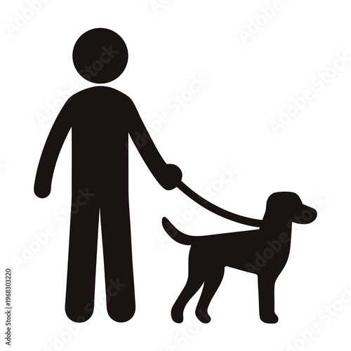 Black silhouette of a man walking a dog with leash on white