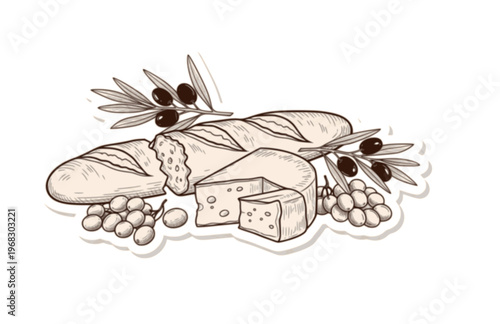 Local Flavor French Bread and Cheese Silhouette, Hand Rendered Gastronomy Vector Sticker, Organic Imperfect Heritage Food Illustration