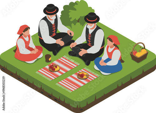 Isometric traditional family picnic illustration people in folk costume outdoor meal culture lifestyle nature scene 3D vector design