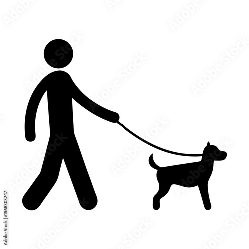 Stick figure of a person walking a dog on a leash symbol