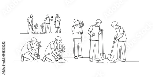 Eco Event. Minimalistic one-line drawing volunteers working together to plant trees, continuous single black line on white background, simple outline style, no