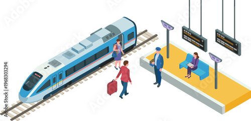 Isometric train station illustration, modern high speed railway platform with passengers, travel transport concept, urban transit scene, public transportation vector design