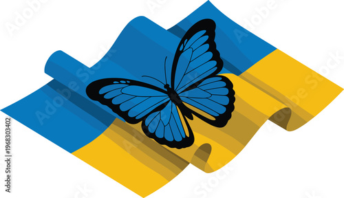 Isometric Ukrainian flag illustration, blue yellow banner, butterfly symbol, freedom concept, national identity, peace hope, minimal 3D vector design