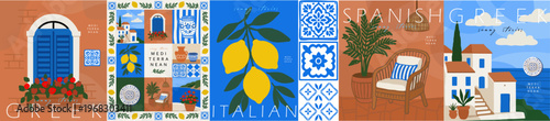 Mediterranean summer art. Vector Greek, Italian, and Spanish illustrations of window, frame, ceramic tiles, lemons, Amalfi,  summer and rattan wicker furniture for poster and postcard