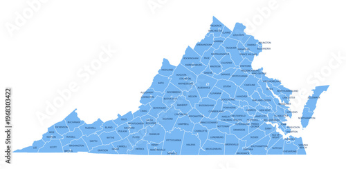 Fotografie Virginia County Map, Detailed Vector Illustration of USA Administrative Boundari