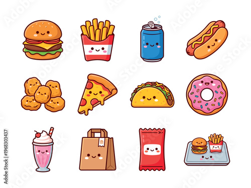 Cute kawaii fast food collection with burger, fries, pizza, taco, and donut