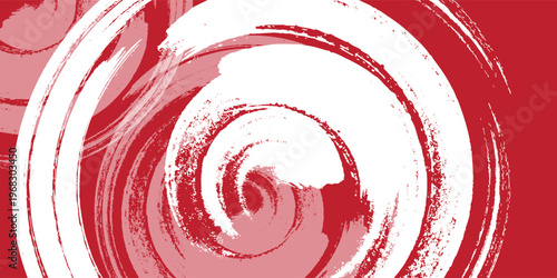 Abstract grunge swirl design with bold red background and large circular brush strokes forming spiral patterns, High-contrast composition featuring rough