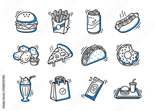 Collection of delicious fast food icons in a fun doodle art style