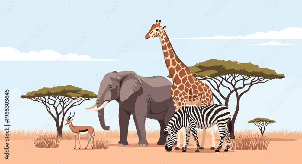 Obraz premium African Safari Animals Elephant Giraffe Zebra Antelope in Savanna.