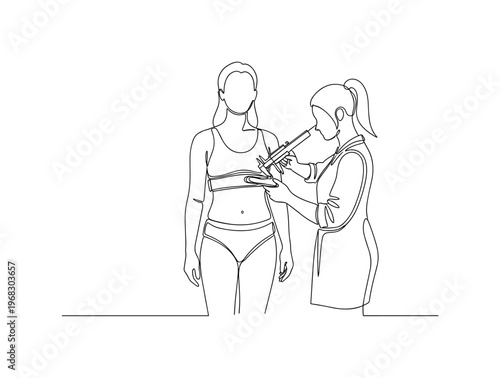 Body Metrics Measurement. Minimalistic one-line drawing person being measured with calipers or scanner, continuous single black line on white background,