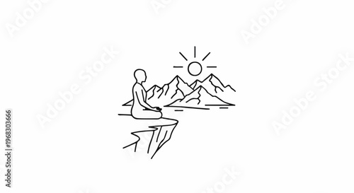 Minimalist line art of a serene figure meditating atop a cliff facing mountains and sun