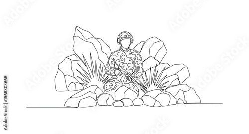 Natural Concealment. Minimalistic one-line drawing person hiding among rocks and foliage in camo, continuous single black line on white background, simple