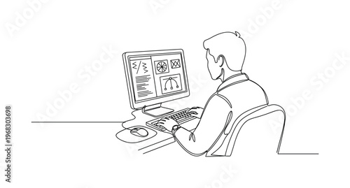 Technology Learning. Minimalistic one-line drawing individual practicing programming and graphic work on computer, continuous single black line on white