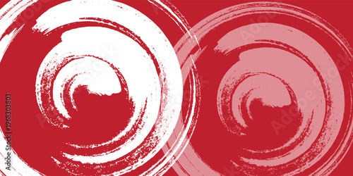 Abstract grunge swirl design with bold red background and large circular brush strokes forming spiral patterns