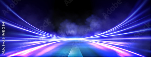 Dynamic road motion with neon light trails and speed effect at night, abstract vector background. Futuristic highway perspective with glowing purple energy lines, blur and smoke clouds